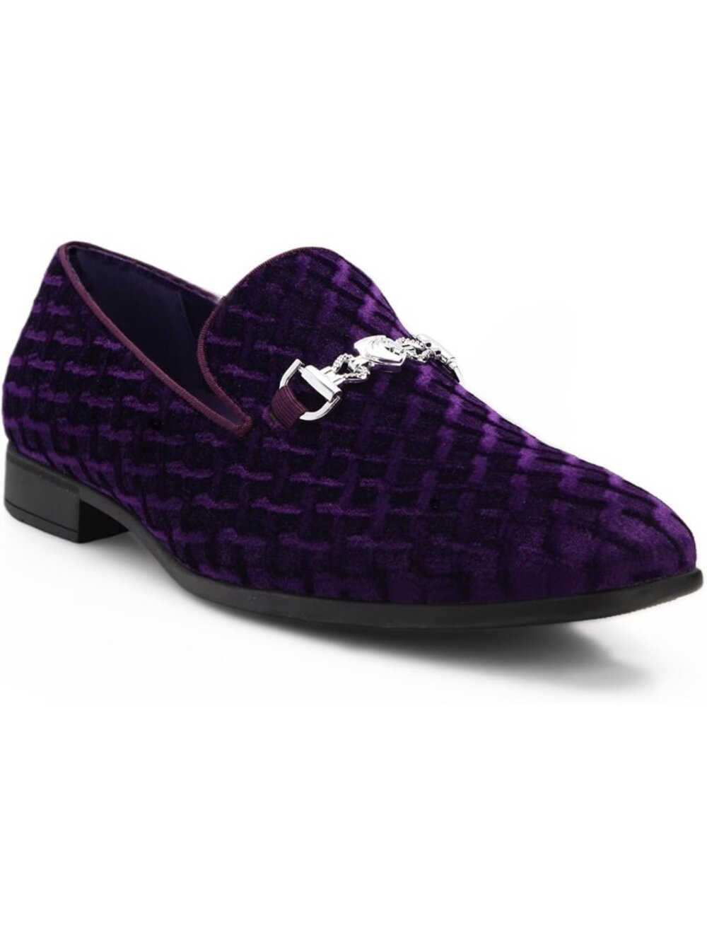 Cenprmon Men's Purple Velvet Loafers Diamond Pattern Metal Buckle Wedding Shoes
